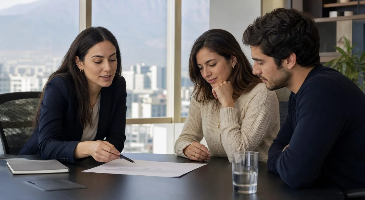 Asesora financiera revisando alternativas con una pareja joven en Santiago