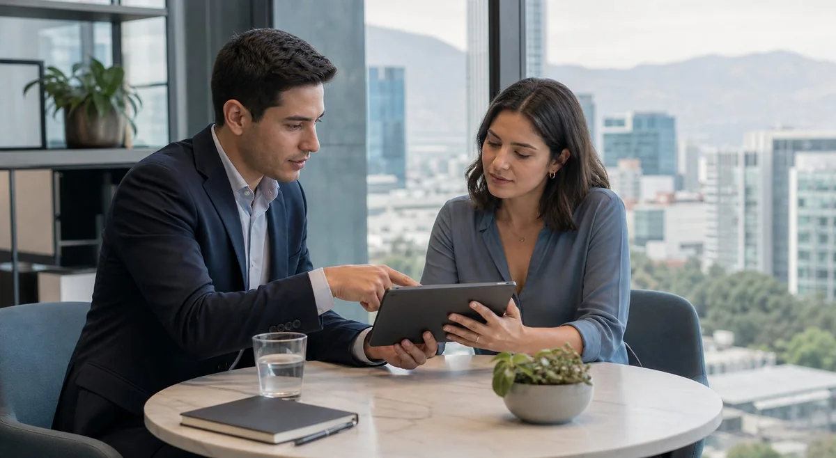 Asesor financiero conversando con una clienta joven en Santiago
